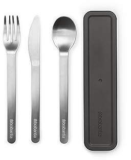 Brabantia - Make & Take Set di 3 Posate con Custodia - Coltello, Cucchiaio & Forchetta - Design Igienico & Compatto - Acciaio Inox - Adatto per Lavastoviglie - Set di Posate da Viaggio - Dark Grey