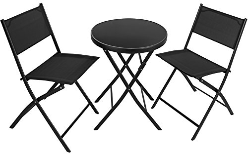 tectake® Bistroset, Tisch und 2 x Stuhl, Kleiner runder Esstisch, Klapptisch und Klappstühle Set, platzsparende Möbel Outdoor wetterfest für Balkon, Terrasse, Gartenmöbel - schwarz