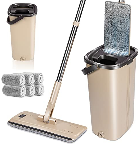 MASTERTOP Mopa Microfibre con Cubo Escurridor, Mopa Fregona Plana con Manos Libres, Trapeador Giratorio 360° con Cubo Sistema Autolimpieza para Lavado Suelos Secos y Húmedos + 6 Almohadillas (Beige)