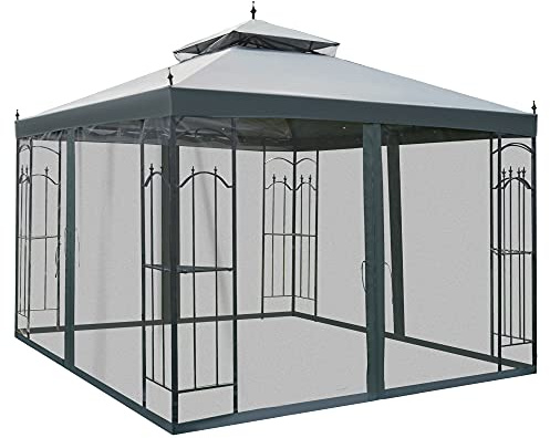 Outsunny 10' x 10' Patio Gazebo with Corner Frame Shelves, Double Roof Outdoor Gazebo Canopy Shelter with Netting for Patio, Wedding, Catering & Events, Gray