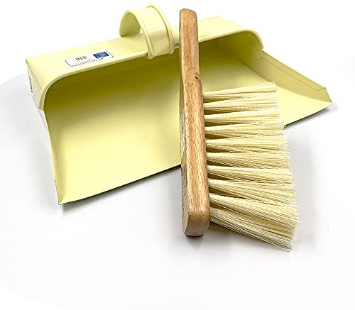 Metal Dustpan and Brush Set, 2 in 1 Heavy-Duty Dustpan and Brush, Traditional Metal Hooded Dust Pan in Stylish Cream Color for Cleaning