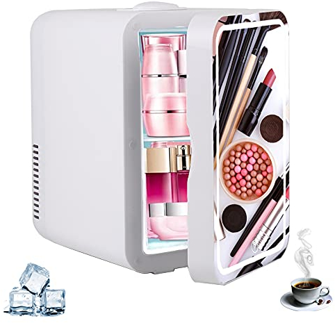 Mini Frigo 8L Réfrigérateur Chambre Température Refroidisseur Réchauffeur Voiture Cosmetique 2 en 1 Miroir Beauté Maquillage Portatif avec Eclairage LED