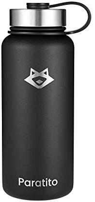 PARATITO® BOTTLE BASIC 4 in 1 | Bordo per inserti da tè e frutta | Senza BPA | 1 litro (bottiglia isolante in acciaio inox + tappo basico) (nero opaco)