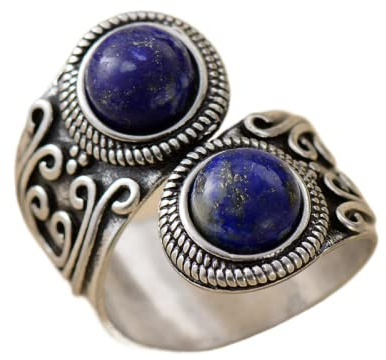 Vintage Damas 2 Piedra Amatista Turquesa Anillo Cóctel Ajustable Plateado Anillo Aniversario Joyería,Lapislázuli Antiguo,Ajustable