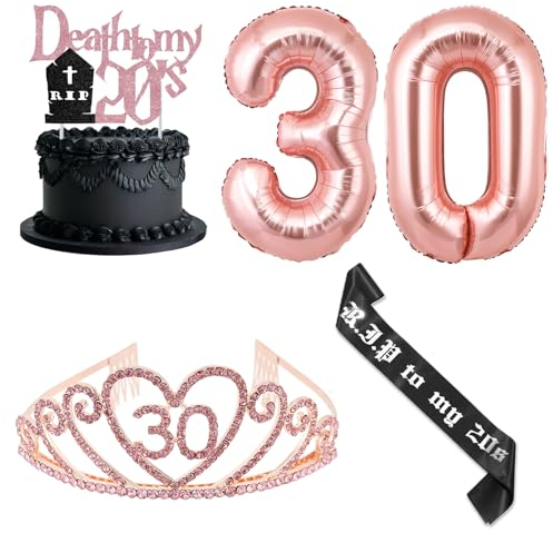 JOYMEMO Decoraciones para el 30 aniversario de su esposa, oro rosa y negro, cinturón y corona para el 30 aniversario, globo de baudruche para la fiesta de los 30 años con temática funeral.,F-PA-11296