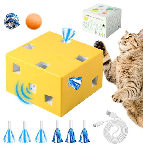 Migipaws Interactive Cat toy,Automatic Feather+Ribbon Pop Out Hide in 12 Holes for Indoor Cats,Upgrade MigiBox Kitten Toy,Smart Sensor,DIY Carton Box Toy,Rechargeable