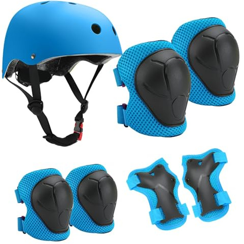 HTRTRR Set casco protettivo regolabile, ginocchiere, gomitiere e poggiapolsi per pattinaggio, bicicletta, scooter e altri sport all'aria aperta