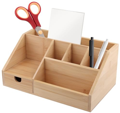 SINJEUN Organizador de escritorio de madera, organizador de oficina con cajón y portalápices, portalápices de bambú, organizador de escritorio, 24,5 x 15 x 11 cm