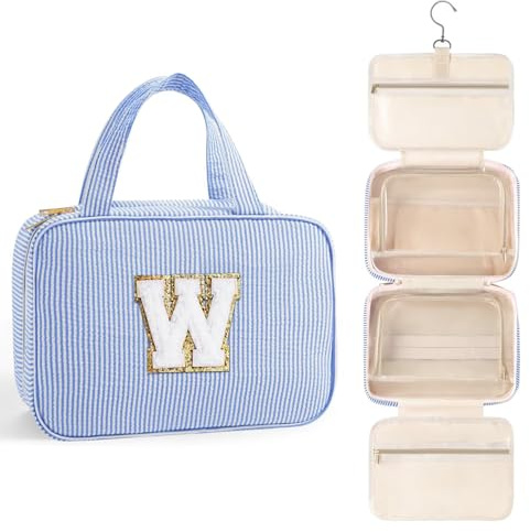 TOPEAST Hanging Toiletry Bag for Women - Travel Toiletry Bag Makeup Bag, Portable Toiletries Cosmetic Bag, Airplane Travel Essentials - Letter W, Blue