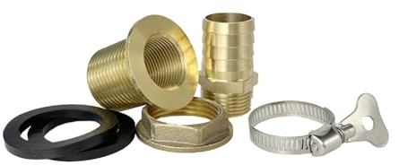 Solid Brass Water Butt Connector Kit – 3/4 Female Thread, 1 Male Thread, 25mm Hose Barb with Seals & Clamp – Leak-Proof Rain Barrel Tank Adapter for Garden Hose Connection