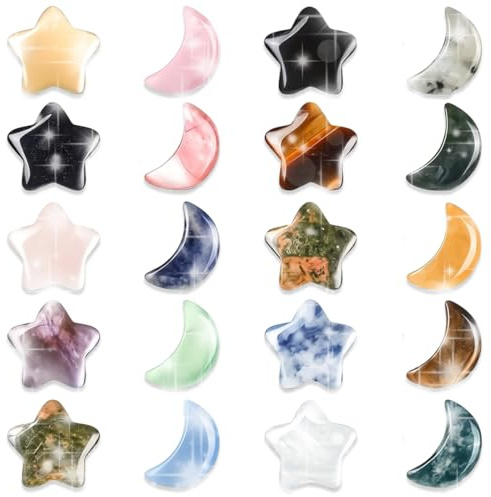 JYNVO Lot de 20 pierres cristallines - 10 étoiles & 10 lunes - Pierres porte-bonheur, Chakras, Réiki - Couleurs aléatoires - Idéal pour la méditation et la décoration - cadeau parfait