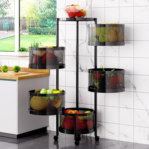 Thaookte Chariot de service en métal avec roulettes, 5 niveaux, rond, 90 x 30 cm de diamètre, pour légumes, cuisine, salle de bain, chambre d'enfant et bureau (noir)