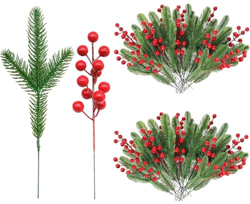 Heyigrow 38 Pcs Pine Needles Branches Red Holly Berry Set, Christmas Artificial New Year Picks Decoration for Wreath Tree