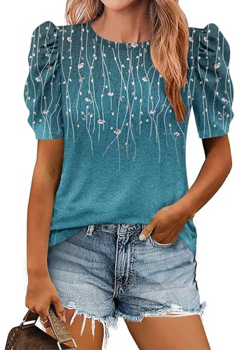 Zeagoo Kortärmad T-shirt dam sommar rund hals elegant T-shirt med putsade ärmar tunika topp