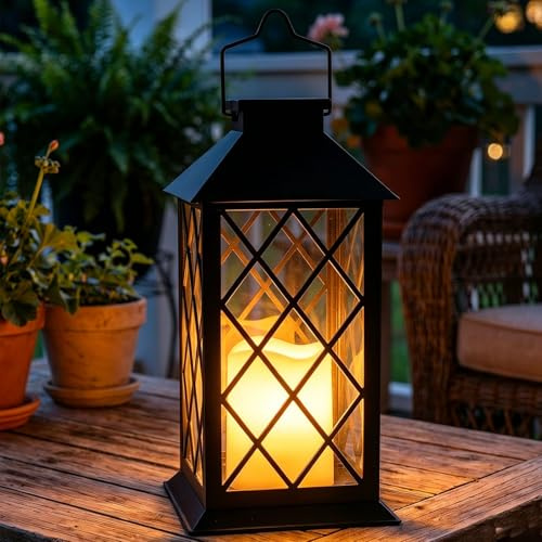 Dekofun 35cm Lanterne da Esterno, Lanterna Solare da Esterno con Candele Tremolante, IP44 Impermeabile Appendere Lampade Solari per Giardino Terrazzo Tavolo Gazebo Balcone Decorazioni - Nero