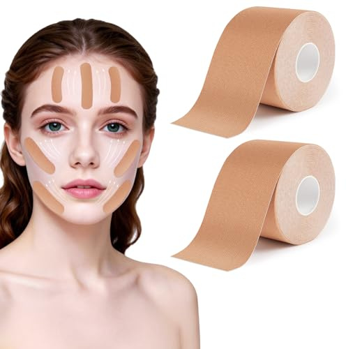 BUTBU 2 stycken ansiktslyftningstejp, 5 cm x 5 m, myofascialt ansikts-åtstramningsband, antirynkfläckar, veckade veck, plåster, hög elastisk Kinesiology Facial panna, ögonläppar rynkellappar, unisex