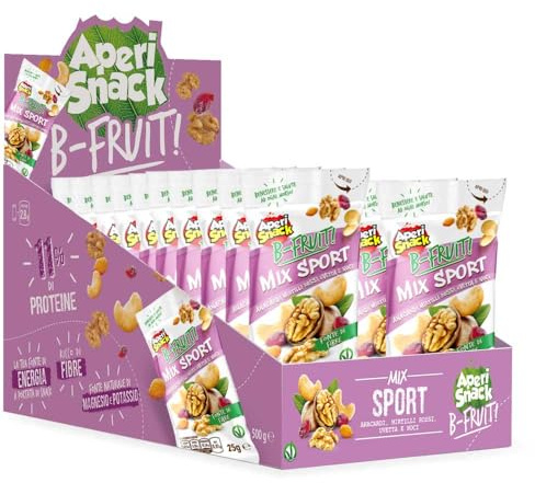 Aperisnack B-Fruit - APS02.008 - Astuccio Slot 20 Snack Monodose – Mix Sport (Mandorle, Anacardi, Uvetta, Mirtilli) – Frutta Secca 100% Naturale – 20 monoporzioni x 25 g – casa e rivendita.