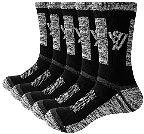 YUEVO SPORTS Men's Athletic Socks Wicking Work Socks Cushioned Sports Walking Socks Breathable Cotton Casual Mens Sock Padded Mid Calf Safety Welly Boot Sock For Men 7-10, Multipack, Black, 5 Pairs