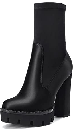 NobleOnly Femmes Bloc Chunky Haut High Talon Heel Plate-forme Rond Bout Bottines Fermeture à Glissière Mariage Party Sexy Bottes Noir Satin 37 EU