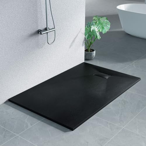 Heilmetz Duschwanne 140x90cm Flach Duschtasse Höhe 2.6 cm Brausewanne Steinoptik Antirutsch SMC Duschtasse, Ø 90mm Ablauföffnung -Schwarz (ohne Siphon)