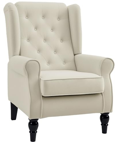 HOMCOM Poltrona per Salotto in Stile Francese con Ampia Seduta, Poltroncina in Tessuto con Gambe in Legno e Cuscino, 74x86x102 cm, Bianco
