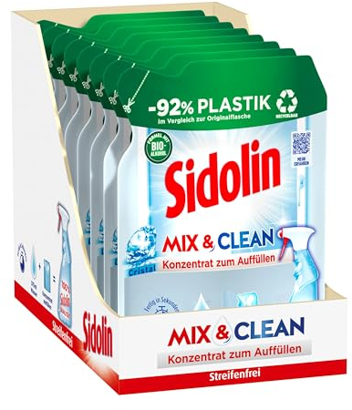 SIDOLIN Mix & Clean Konzentrat zum Auffüllen Cristal (8 x 125 ml), All in 1 Glasreiniger für Sauberkeit, Glanz & Schutz, Fensterreiniger mit Bio-Alkohol, -92% Plastik im Vergleich zur Originalflasche