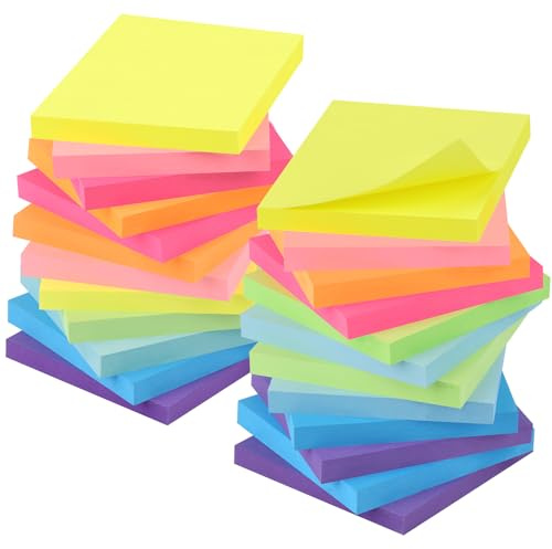 ZCZN Foglietti adesivi 8 colori vivaci sticky notes，Confezione da 24 blocchetti, 80 Fogli per blocco, 76 mm x 76 mm，Adatto per scuola, ufficio, casa ecc