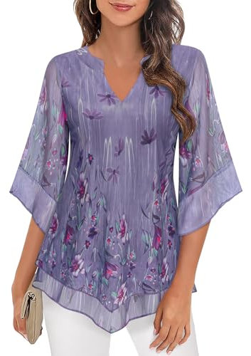 ACDAY Tunic Tops for Women - 3/4 Bell Sleeve Dressy Blouses for Evening Party - Flattering to Hide Tummy, Summer Elegant Tops to Wear With Leggings