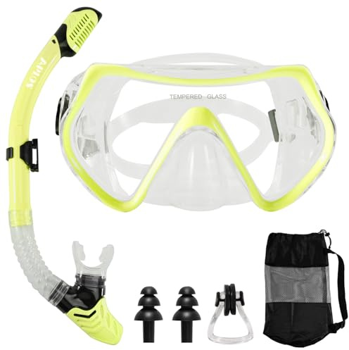 APLOS Set da snorkeling per adulti, anti-appannamento Maschera Snorkeling, con occhiali da snorkeling e boccaglio a secco, in vetro temperato, per snorkeling, nuoto e immersioni