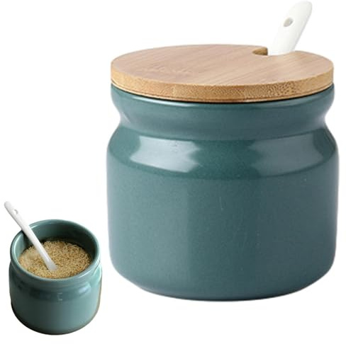 Jiakalamo Ceramic Sugar Bowl with Lid and Spoon, Seasoning Storage Jar Sugar Pot Salt Container for Coffee Bar, Home Kitchen(dark green)