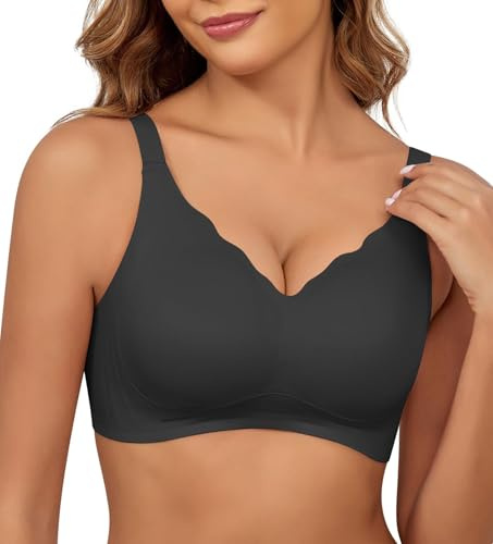 YGJIEGENG Non Wired Support Bras for Women Wireless Push Up Bra Large Breasts Ladies Soft T Shirt Seamless Bra Padded V Neck Everyday Bralettes(Black XL)