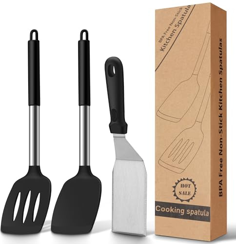 Stekspade set 3 delar, silikonspatel med handtag i rostfritt stål, värmebeständig spatel och grillspatel, non-stick, kökshjälp för stekpanna, grill, kastruller, svart