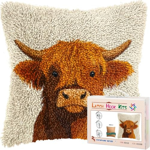 FWRTYCB Latch Hook Cushion Kits for Adults Scotland Highland Cow Calf Rug Cover Pillowcase Kids Beginner DIY Needlework Embroidery Kits Handmade Set Craft Sofa Home Decor 43x43cm,1pcs