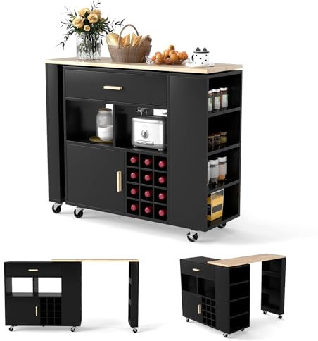 GOPLUS Isla de Cocina con Mesa Giratoria, Carro de Cocina con Ruedas, Armario, Botellero, Cajón, Especiero, Ruedas Giratorias y Bloqueables 360°, 120x40x100cm (Negro)