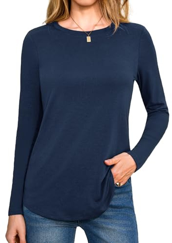 Aottori Maglietta Donna Manica Lunga Elegante Maglia Girocollo Leggero Basic Shirt Cotone Elasticizzato Sottogiacca Casual Autunno Blu Scuro M