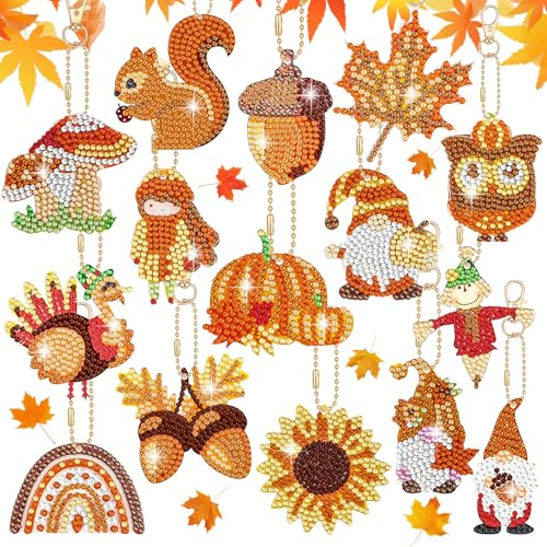 Zoyomax Diamond Painting Herbst Anhänger - 15 Stück 5D Diamant Painting Schlüsselanhänger, Doppelseitige Wichtel Diamant Malerei Kit für Erntedankfest Ernte Halloween Deko