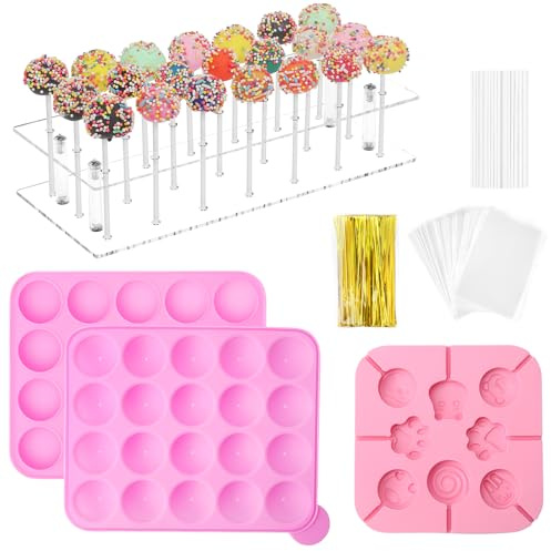 Kit de 323 moules à cake pop avec 1 support de sucettes en acrylique, 1 ensemble de moules en silicone, 100 sacs transparents, 120 bâtonnets à friandises, 100 nœuds papillon dorés (il y a un support à