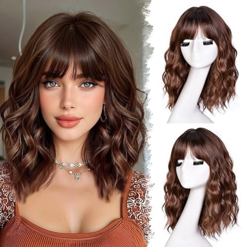CoCrowns Short Bob Wavy Wigs for Women Wig with Bangs Synthetic Bob Wig
