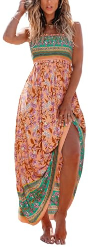 CUPSHE Maxi abito estivo da donna con motivo floreale e punto smock, senza maniche, increspato, spalline sottili, abito formale da spiaggia, Floreale pesca, M