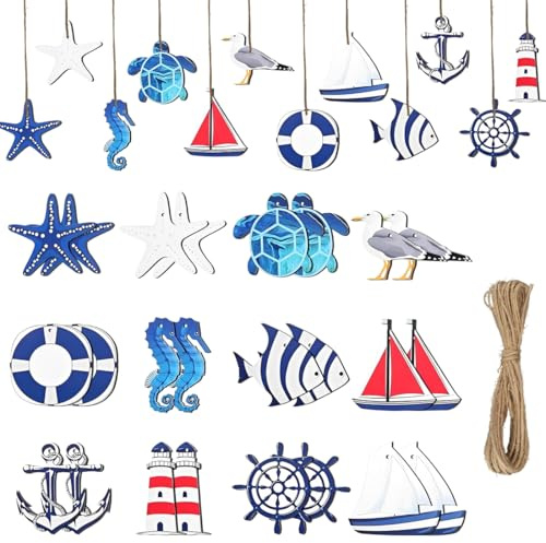 JIRVEX 24 Pezzi Decorazioni da Parete Stile Marino con Stelle Marine per Rete da Pesca Decorativa, Conchiglie e Pendenti da Parete in Legno