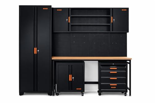 Boxer® Arbetsbänks-set verkstadsinredning – inklusive arbetsbänk, högskåp, övre skåp, rullskåp och verktygsväggar – höjdjusterbara fötter – för garage och verkstad – 200 x 230 x 46 cm