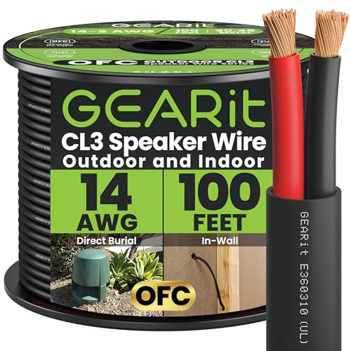 GEARit Speaker Wire 14 Gauge 100 ft, UL CL3 Rated 14 Gauge Wire Copper Wire with Polarity Mark, Audio Cable for in-Wall, Home, Car,Outdoor, Garden, Commercial Audio Systems, OFC (Black,2-Conductors)