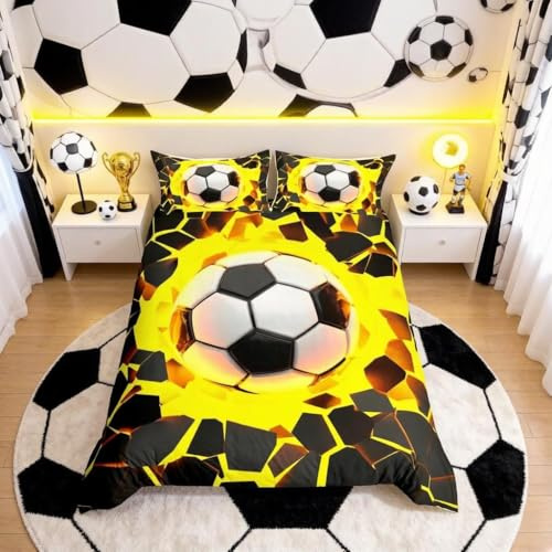 Loussiesd Soccer Ball Bedding Set 3D Geometric Football Duvet Cover for Kids Boys Girls Yellow Black Comforter Cover Sport Bedding & Linen Room 2Pcs Single Size,Zipper