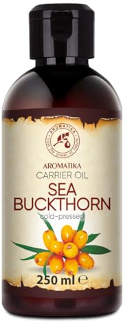 AROMATIKA Sea Buckthorn Fruit Carrier Oil 250 ml - 100% Pure & Natural Cold Pressed Unrefined Hippophae Rhamnoides Oil for Hair, Face & Body - Massage, Aromatherapy, Relaxation & Spa