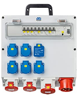 as Schwabe 61524 - Distribuidor de pared (CEE 400 V/32 A/22 kW, salida 5 Schuko, 2 CEE (400 V/16 A/5 pines), 1 CEE (400 V/32 A/5 pines), 2 x USB – Caja de distribución – IP44, 61524