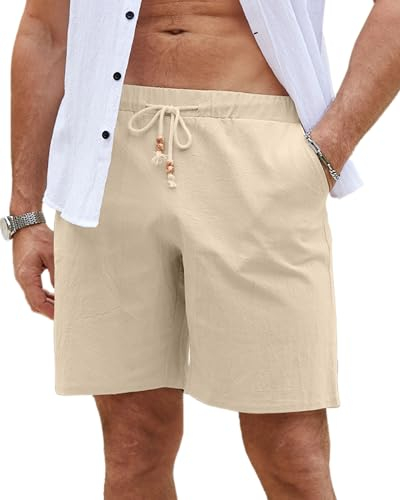 LVCBL Herren Leinen Kurze Hosen Sommer Loose Beach Shorts mit Taschen Khaki M