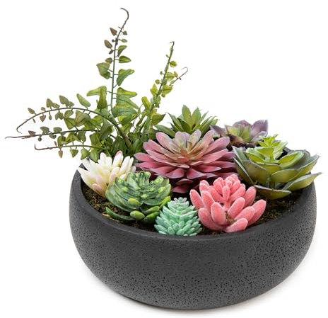 Nattol 8 Inch Round Modern Artificial Succulent Plant Arrangement, Assorted Fake Plants in Black Concrete Planter Bowl for Home Decoration