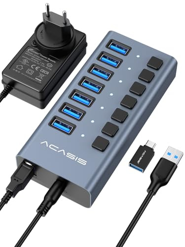 ACASIS driven 7 portar USB 3.2-hub, 10 Gbps dataöverföring, 24 W adapter | Individuell på/av-knapp för varje port • Aluminiumhölje • Bättre värmeavledning • Plug & Play