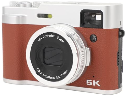5K Digitalkamera för Fotografering, 48MP 16X Zoom Retrovloggningskamera med USB-kabel och Handrem, Kompaktkamera med Autofokus för Resor (Brun)