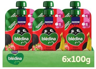 Blédina Bolsitas de Fresa y Platano para Bebé. Pouch 100% Fruta, Sin Azúcares Añadidos y Alto Contenido en Vitamina C, Fuente de Fibra. Desde los 6 Meses, Pack 6x100g
